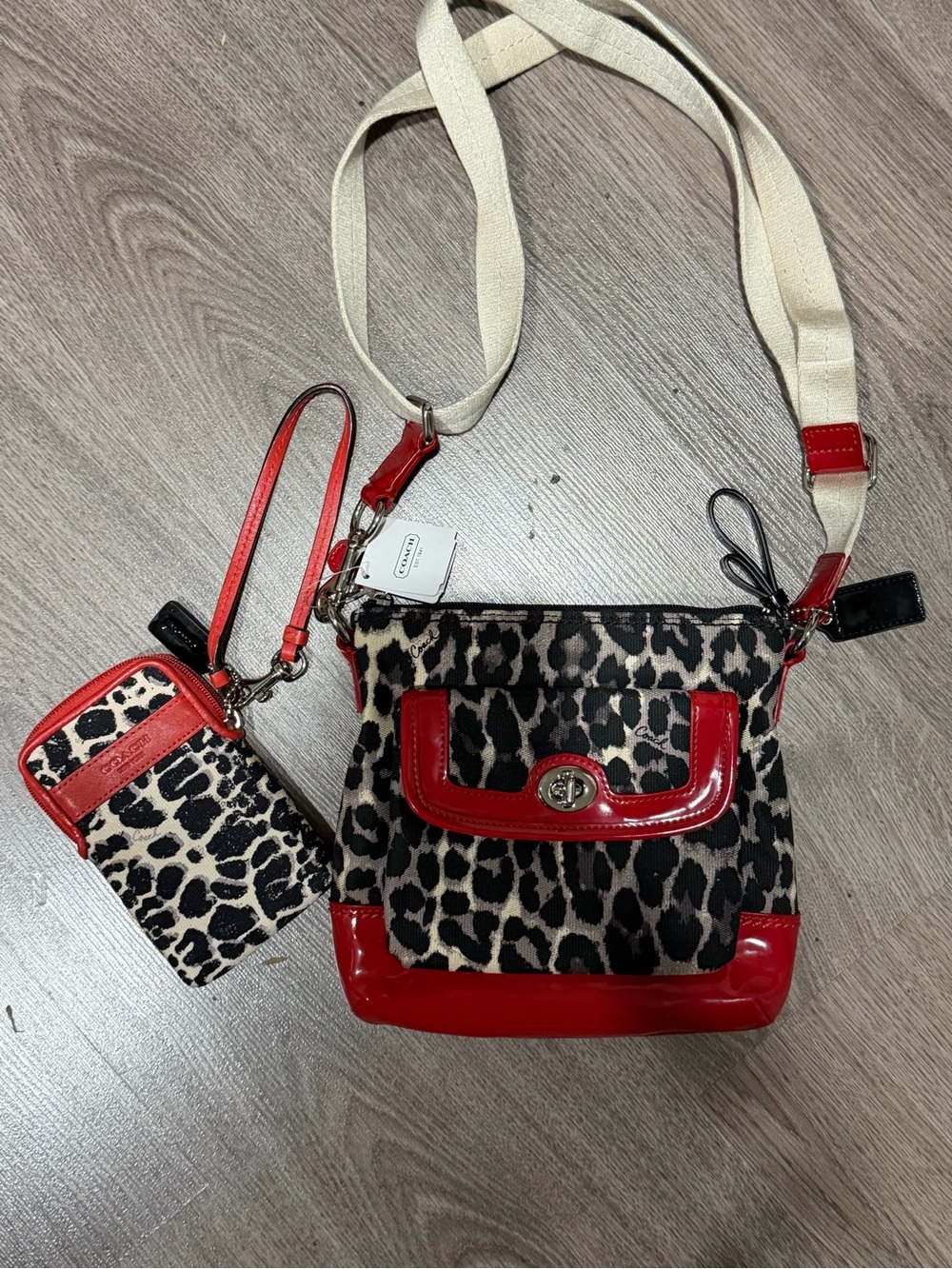 Coach Leopard Print Crossbody Bag with Red Trim